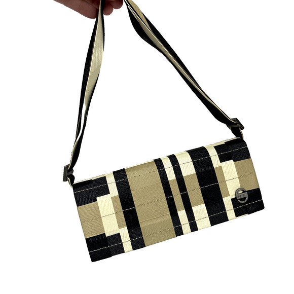 SEIRC Mini Shoulder Bag Clutch Purse Woven Ribbons Black Cream Taupe Chic Unique - Picture 1 of 10